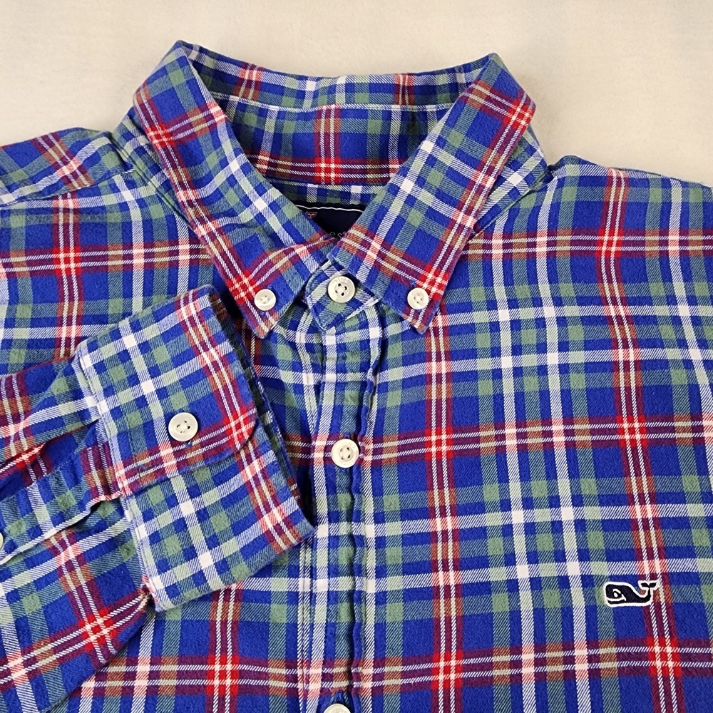 Vineyard Vines Slim Fit Whale Flannel Shirt Mens 2XL Blue Red Plaid Button‎ Down
